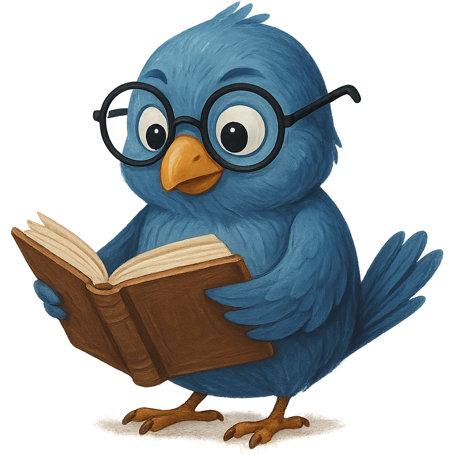 a clever bird named Coocoo, wearing glasses and reading a book, showing intelligence and curiosity emoji