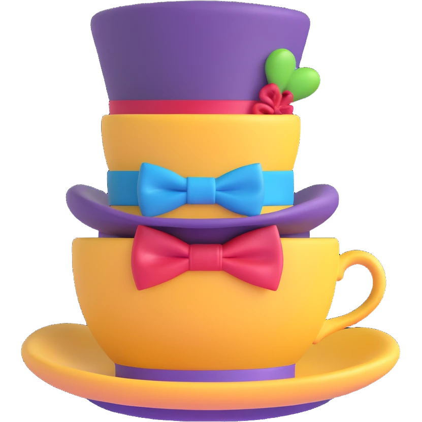 Mad Hatter from Alice in Wonderland, eccentric character with a tall hat labeled 10/6, colorful bow tie, and teacup, playful and quirky design, stylized as an emoji emoji