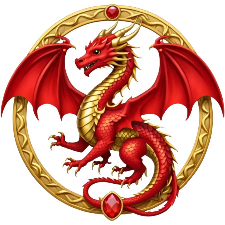 Golden Dragon with wings crest/brosch in a circle with red gems emoji