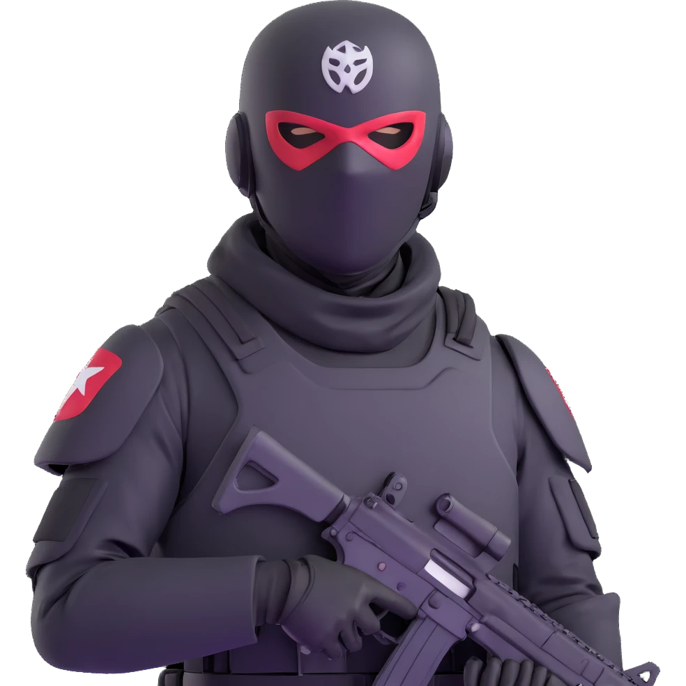 armed figure in all-black military clothing, shiesty mask, helmet, dramatic lighting emoji