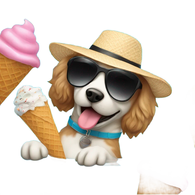 Fluffy dog in pool with sunglasses hat and eating ice cream emoji