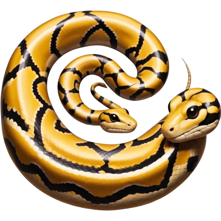 A photo-realistic top-down view of a Ball Python gently coiled into a tight spiral, with its head resting peacefully at the center. Its scales are warm brown with bold, irregular black markings, including the distinctive “alien-head” pattern, flowing smoothly along its body.  emoji