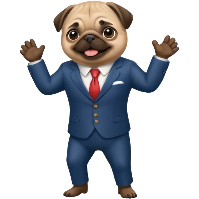 A pug in a suit in front of a stock chart with a rising trend emoji