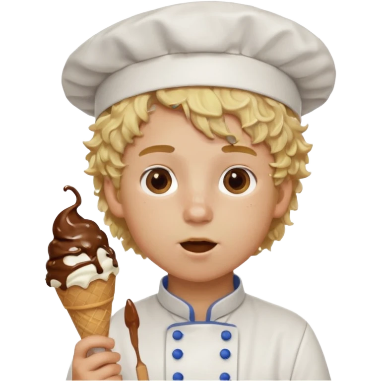 boy blonde curly hair, chef, eating chocolate ice cream emoji
