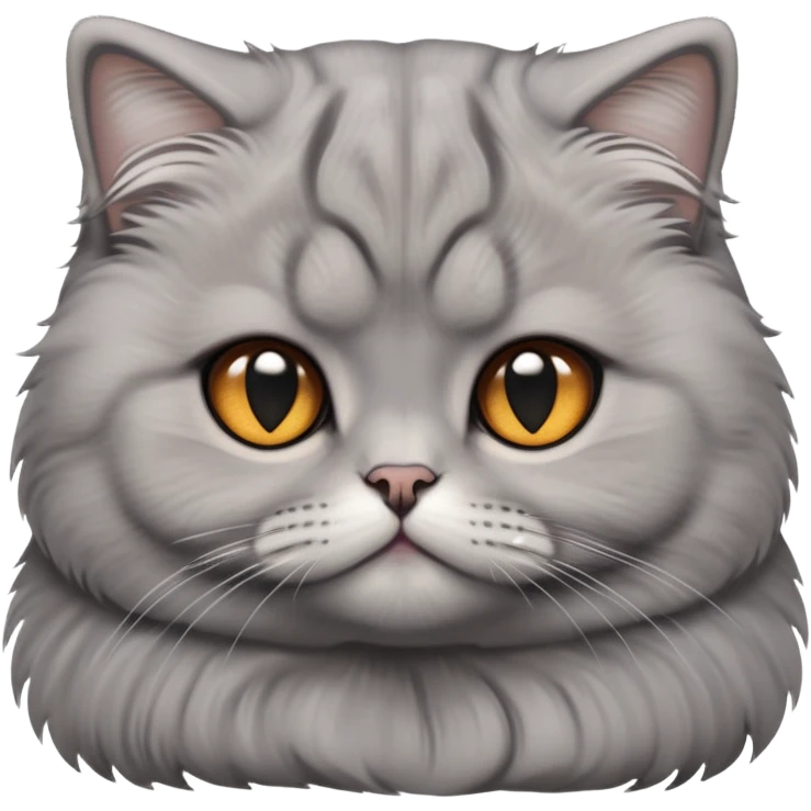 Cinematic-Fluffy-Grey-Scottish-Fold-Cat-Portrait-Emoji – Head tilted cutely with big, sparkling amber eyes, soft solid-grey fur with a velvety sheen, signature folded ears giving an irresistibly endearing look, simplified yet charmingly adorable features, highly detailed, glowing with a soft and warm charm. emoji