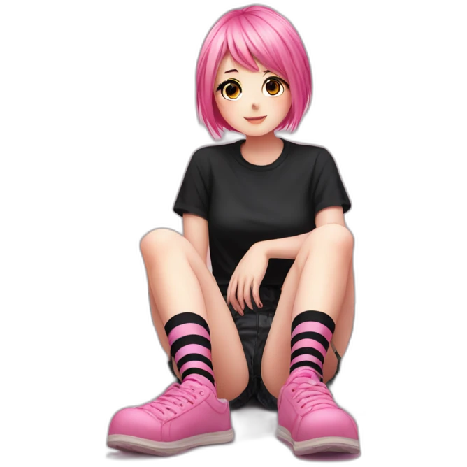 full body Front view emo girl sits on the floor black skirt pink knickers long striped socks emoji