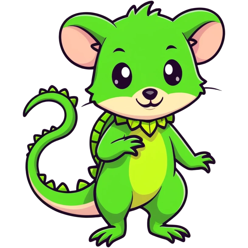 playful and cute possum wearing a bright green lizard costume with a lizard tail and headpiece emoji