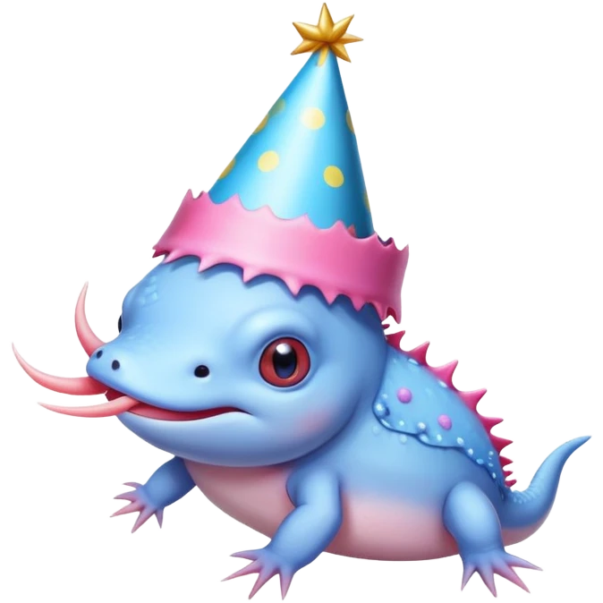 A blue axolotl with a party hat emoji