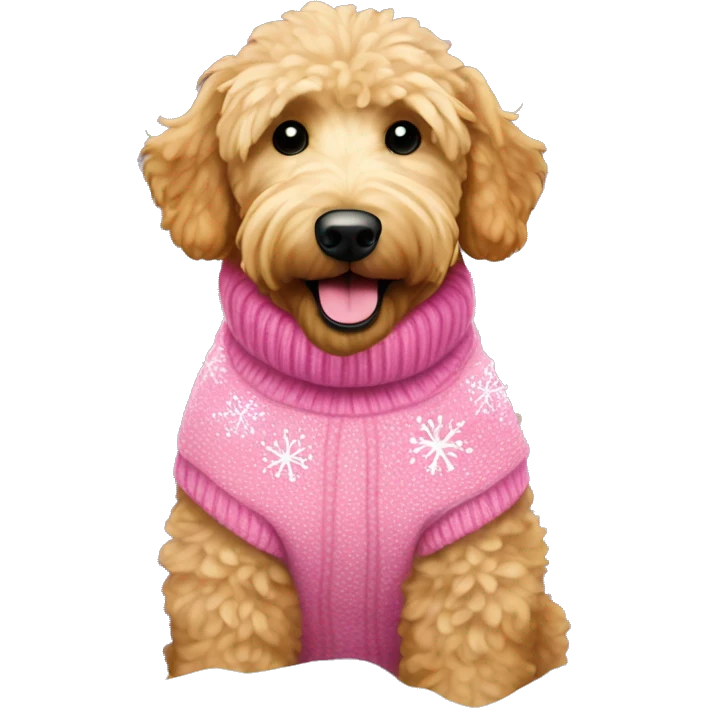 Happy Golden doodle with a pink sweater on and snow flakes  emoji