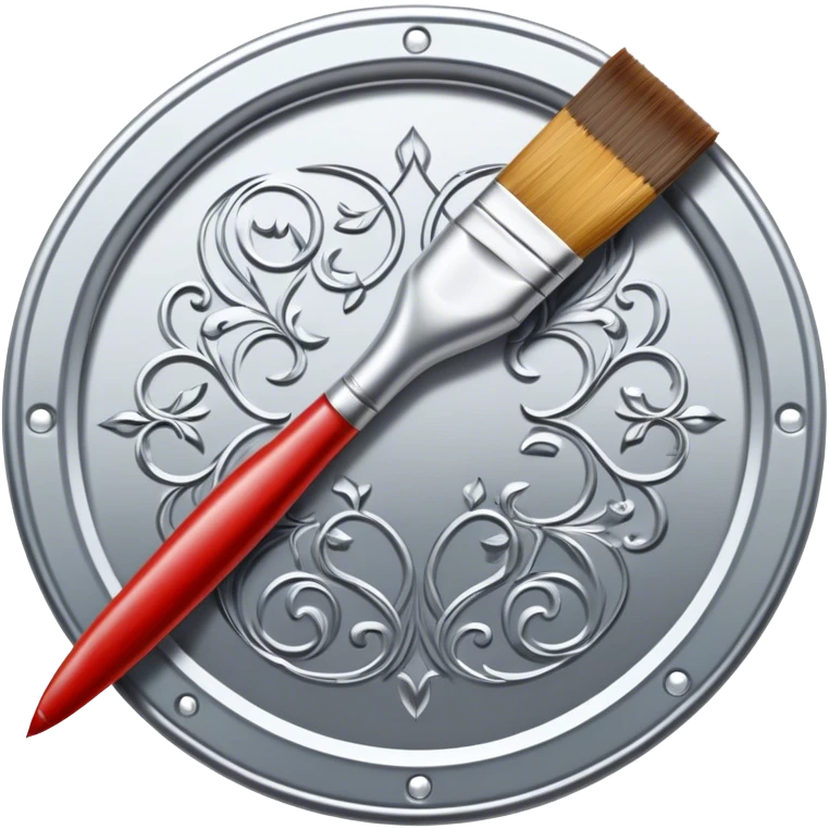 Metal painting icon, intricate hand-painted metal surface with detailed patterns, visible paintbrush, metal tools, vibrant enamel or acrylic paints, finished artwork and the painting process, minimalistic style, clean lines, transparent background. emoji