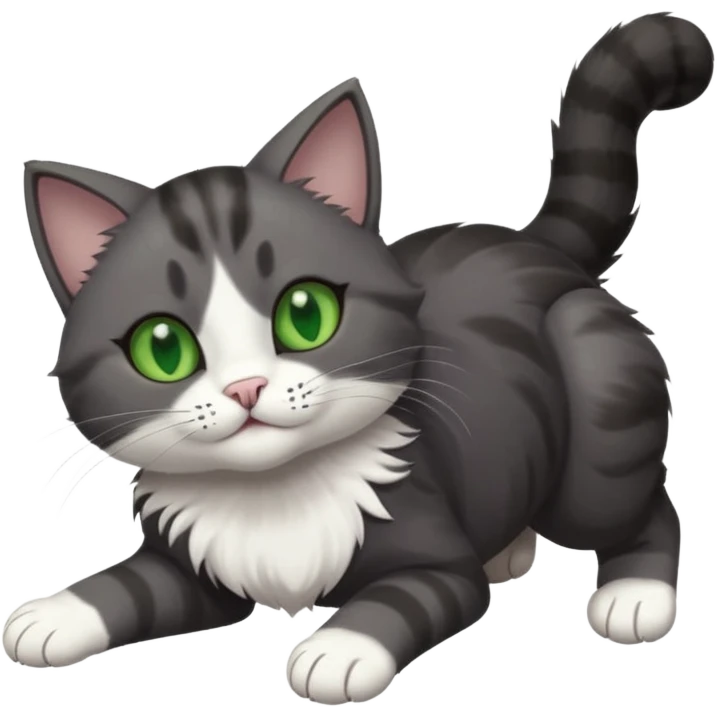 dark grey cat with green eyes, white toes/paws and white patch on her chest playfully rolling upside down emoji