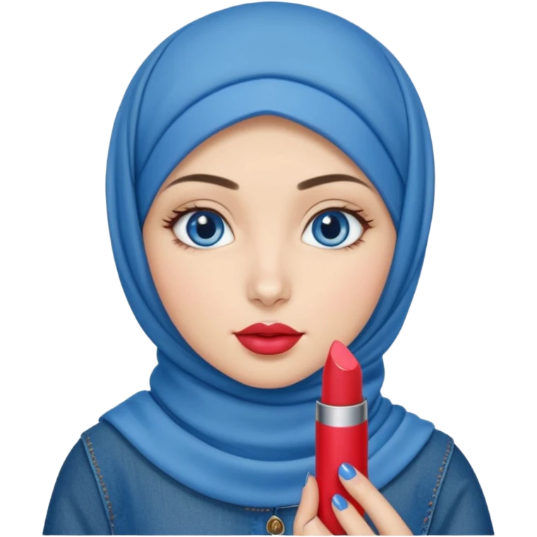 Turkish beautiful finish Konya girl blue eyes with blue denim hijab islamic dress and had on her hand lipstick  emoji