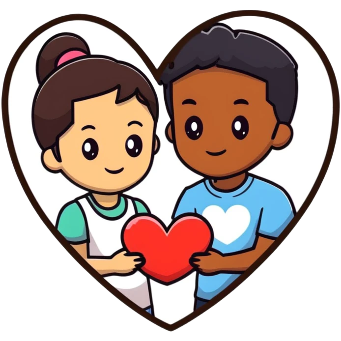 A couple with dark brown hair and mixed skin tone inside a white heart emoji