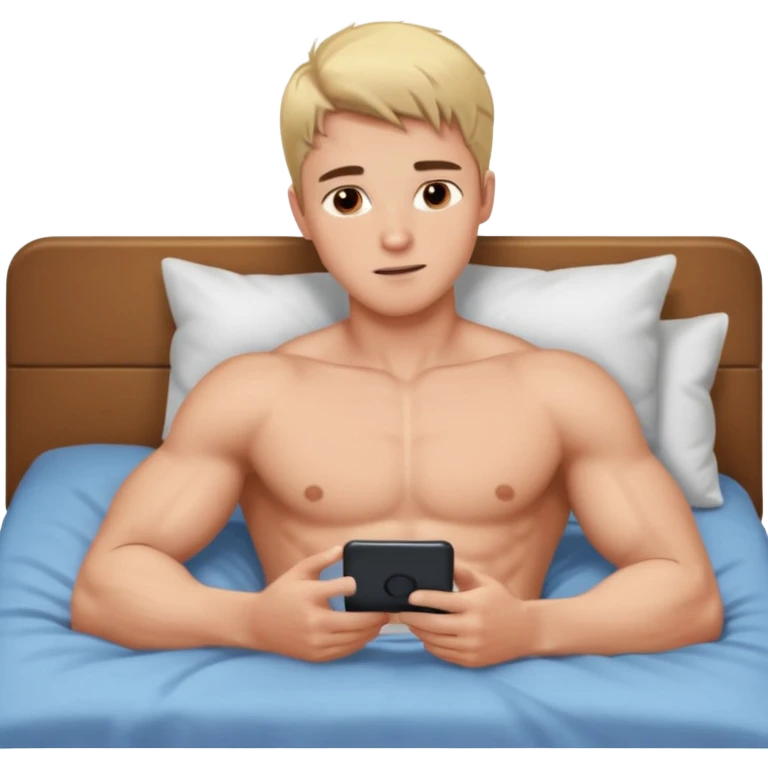 парень накаченный молодой красивый парень со светлыми волосами и черно кориченывыми глазами без футболки лежит на кровати и листает телефон    emoji
