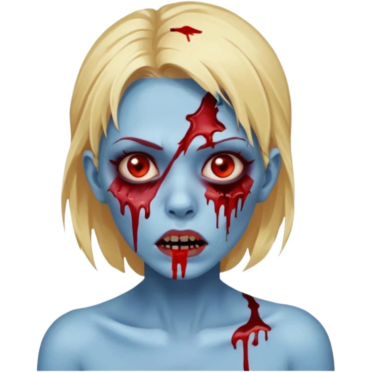 zumbi feminino com cortes no rosto, olhos baixos e vermelhos, cabelo loiro e rosto azul escuro, boca e olhos sangrando cm fundl azul e mais sangues possível emoji
