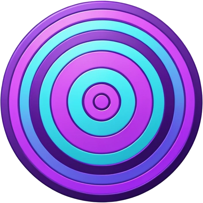 Symbolic bullseye target emoji, flat design, concentric circles, neon purple & cyan glow, holographic, digital tech, abstract sparkles, dark background, no realistic texture emoji