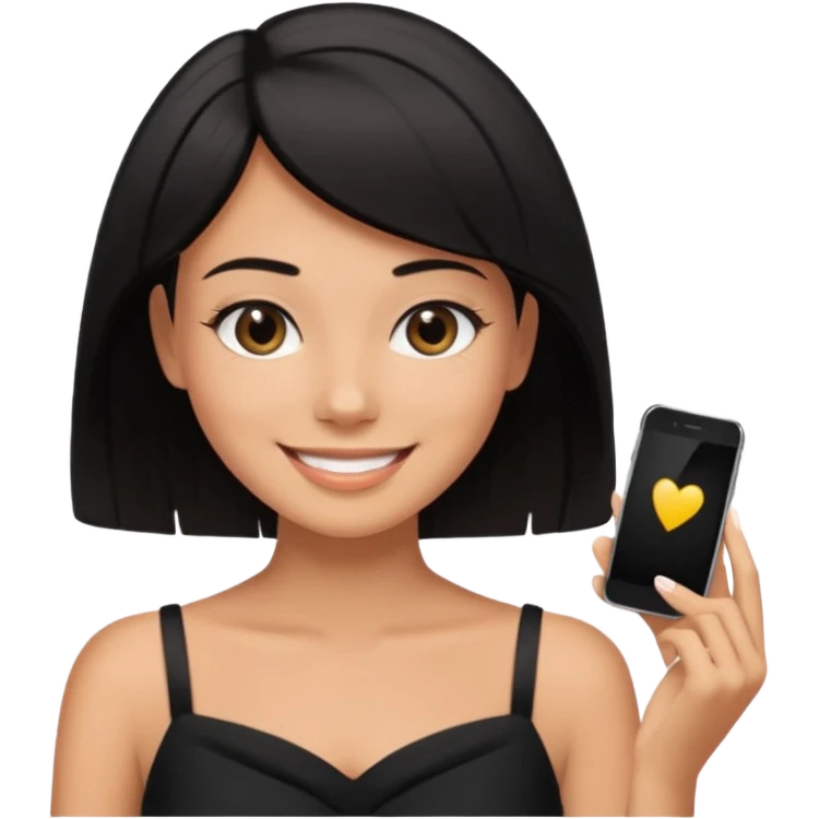 black short shoulder length hair tanned woman, black dress doing girly things emoji