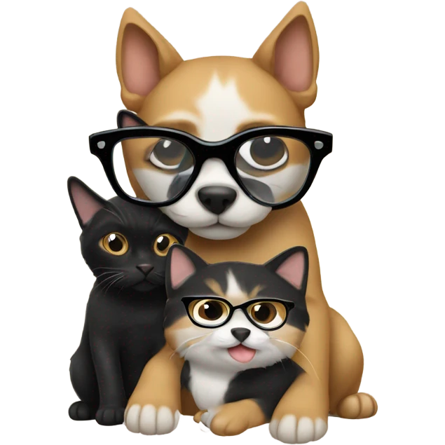 a cat in black glasses hugs a dog in black glasses emoji