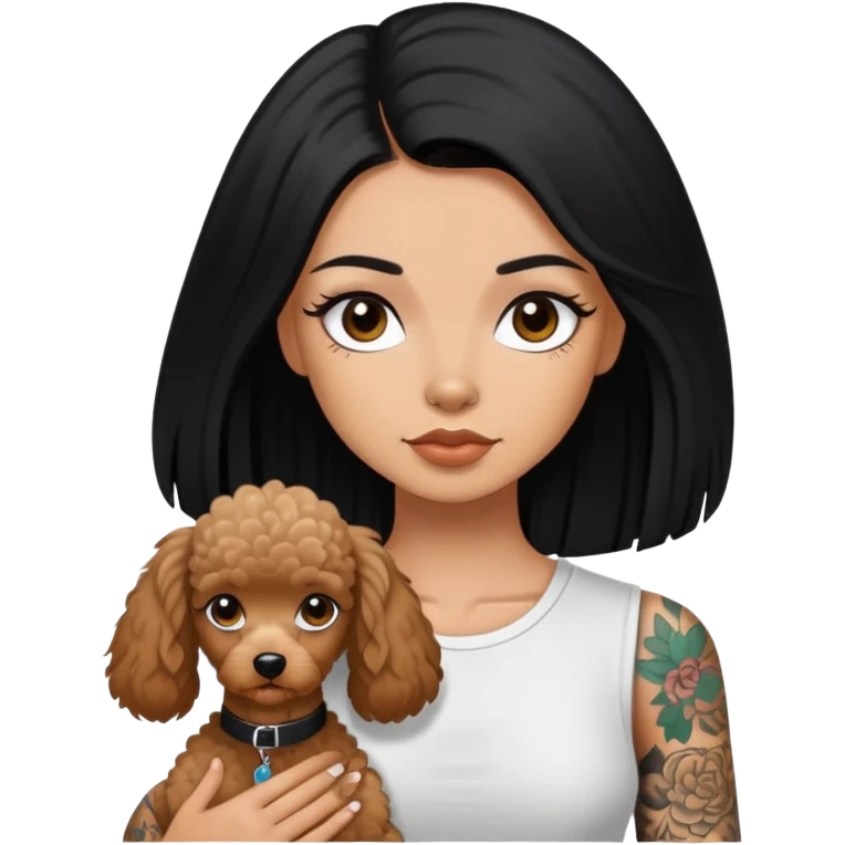 girl with long black  straight hair and tattoos and a  white Yorkshire and a brown poodle emoji