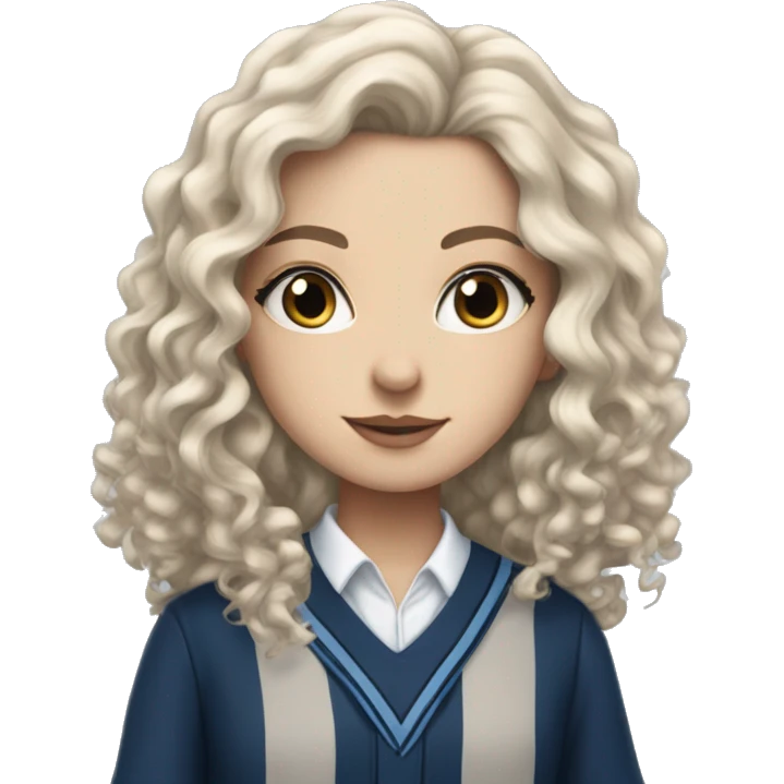 Hyper realistic White girl with long black curly hair wearing a ravenclaw school inform emoji