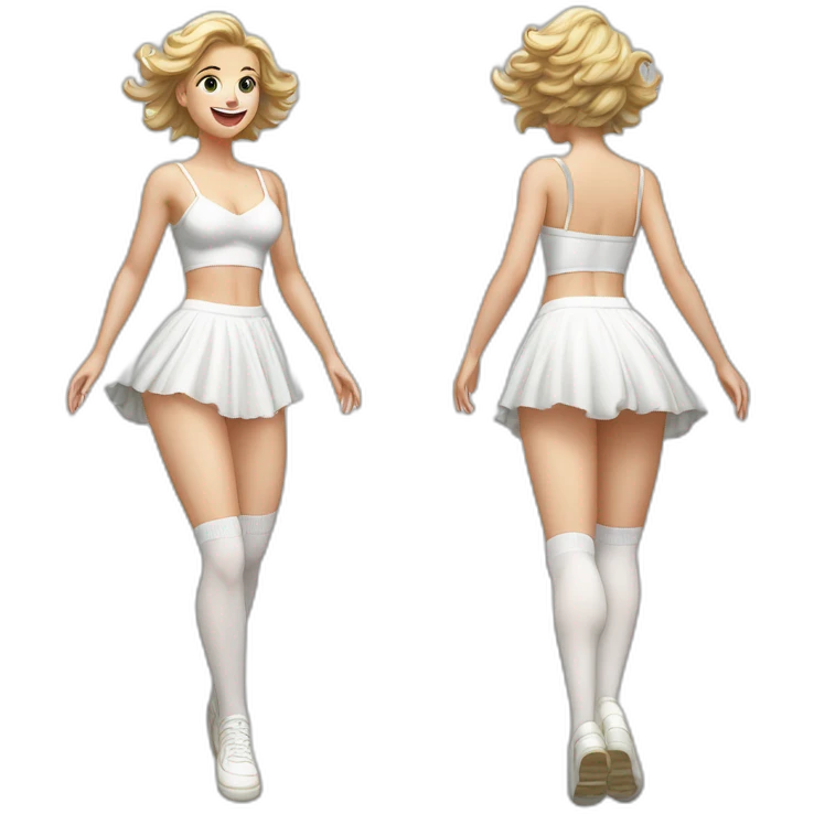 hyperrealistic-full-body-caucasian-curvy-beauty-jumping-small white-skirt-back-and-front-views-strong-wind-white knickers white socks emoji