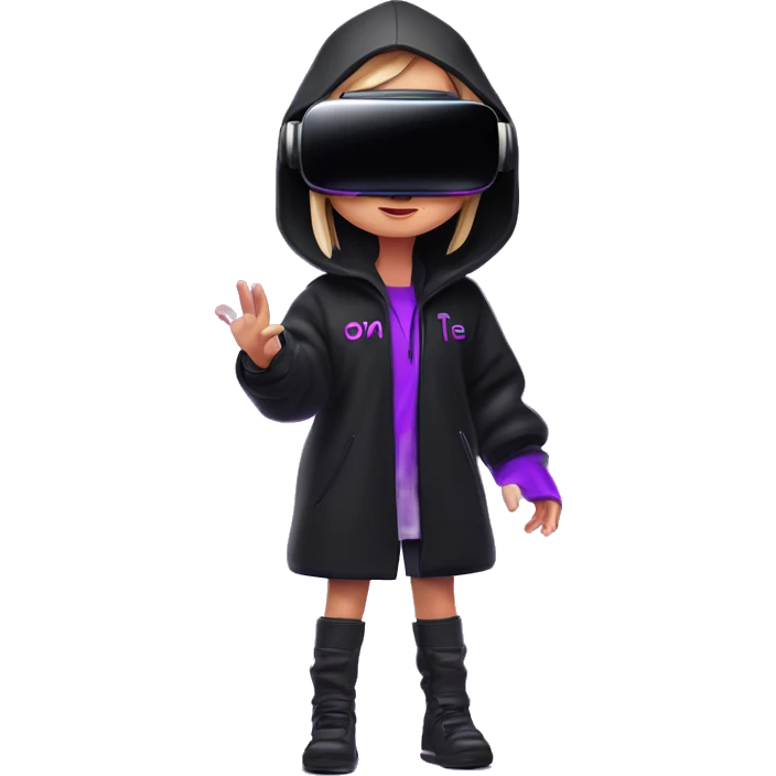 Russian girl wearing black hoody with violet letters "OMG", in vr headset oculus quest2. Standing like jedi. Cyberpunk style. Violet neon. emoji