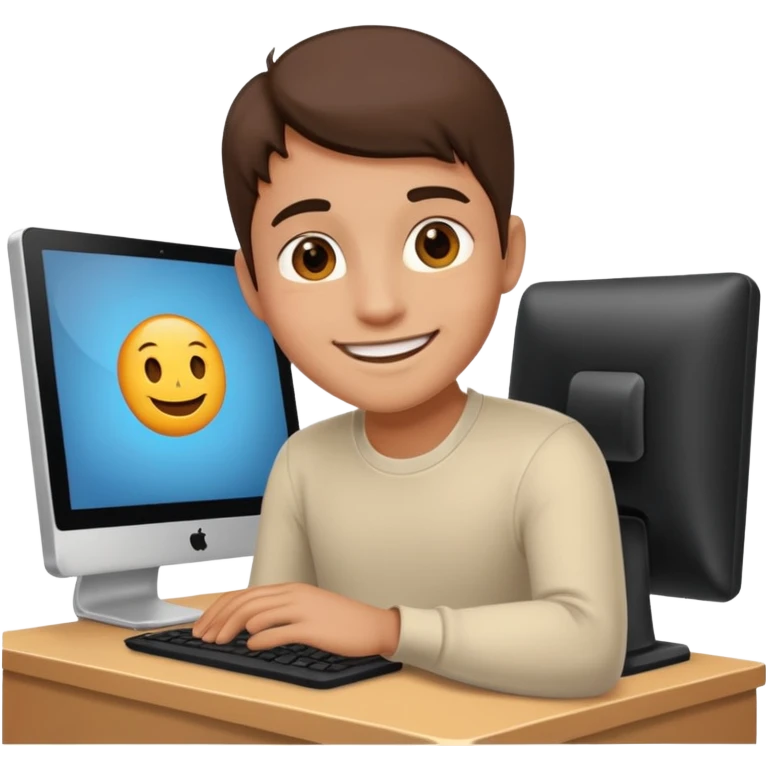 young programmer working at the computer, relieved emoji
