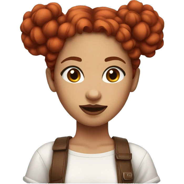 Create an Emoji Girl, slightly curly and long red hair and 2 buns on top of her head, red lipstick, white skin, brown eyes, red mesh shirt emoji