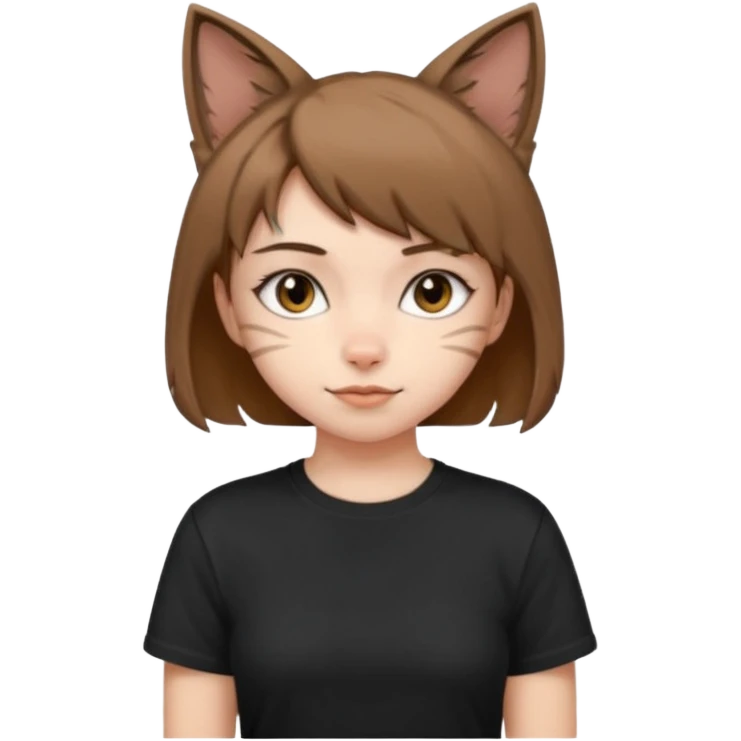 a girl with short brown wolf cut , cat ears and a tail, with a black t-shirt on emoji