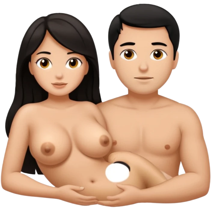Thick Dark haired girl with big butt and big breasts laying naked next to a white male with black hair and big penis  emoji