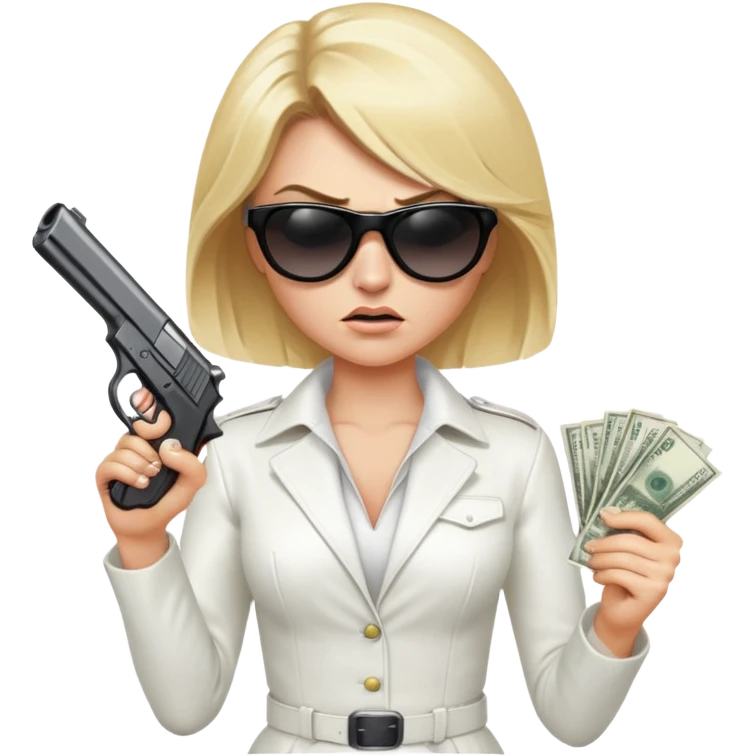 Mafia blondes angry woman in sunglasses, gun ,money , white costume  emoji