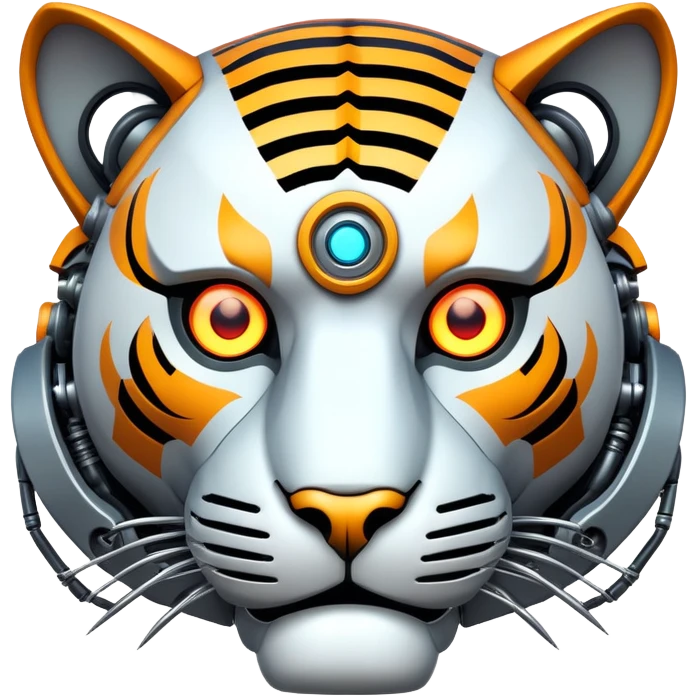 robot tiger face with mechanical parts and glowing eyes for Twitch emote emoji
