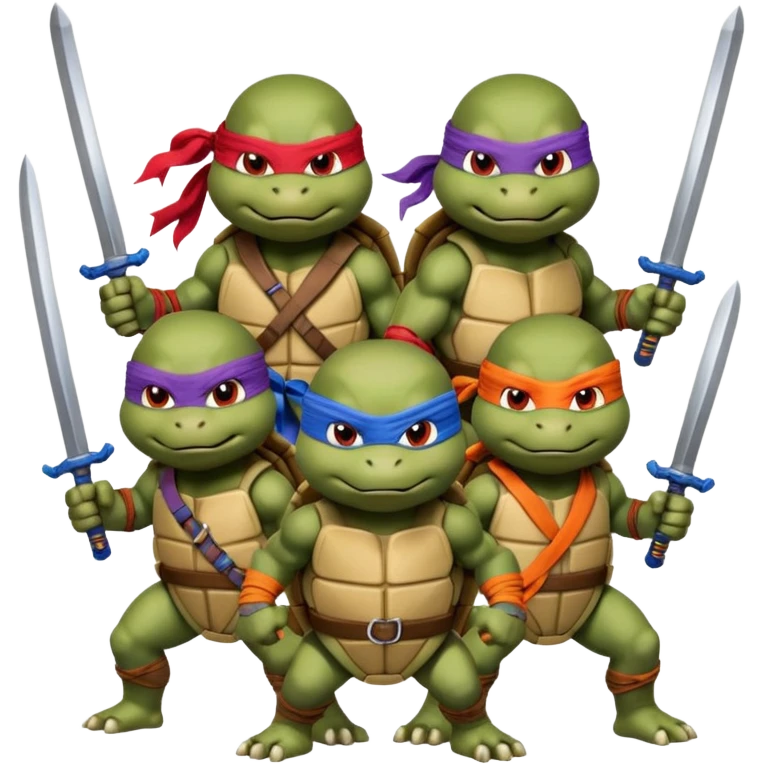 Vector emoji sticker of 4 Ninja Turtles: Leo (blue/swords), Raph (red/sais), Donnie (purple/staff), and Mikey (orange/nunchucks). Action poses, NYC rooftop, pizza box, bold comic style, white border. ONLY 4! emoji