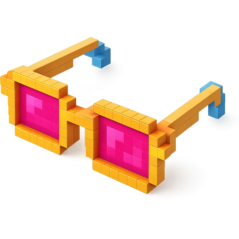 Voxel-style glasses with pink lenses, detailed and intricate emoji