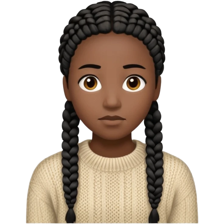 Her black skin glows warmly under the natural light, enhanced by the gentle textures of her knitted beige sweater and black hair in cornrows. her serene expression brings a quiet strength to the portrait.  emoji