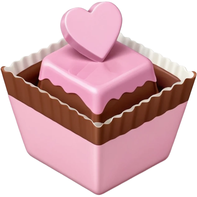 Two square milk chocolate , Each praline is a sharp-edged cube with smooth glossy chocolate coating, placed in a small white fluted paper candy cup. On top of each cube is a flat pastel pink heart-shaped icing emoji