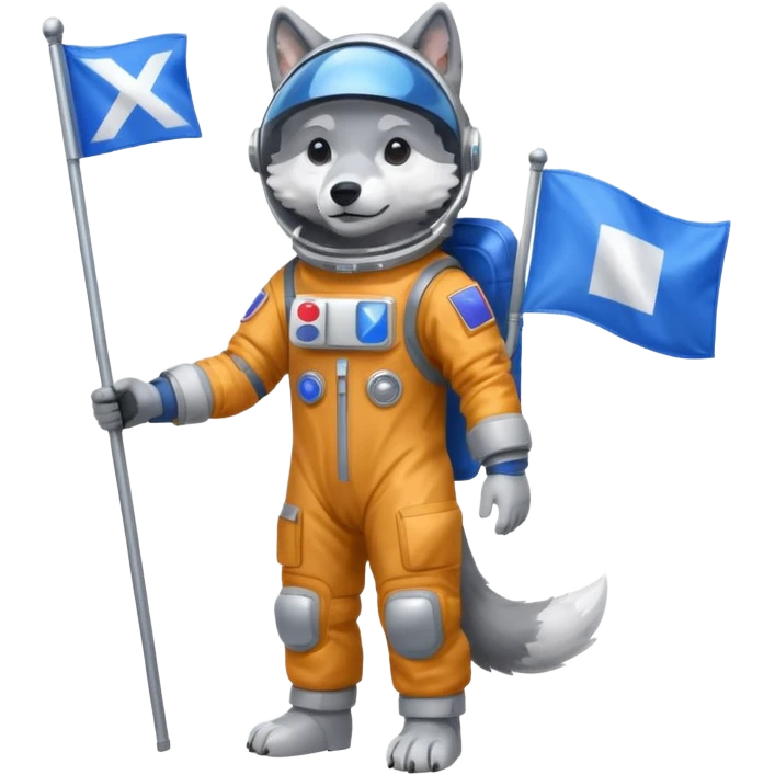 a wolf in space suit, holding blue rectangle flag, full body emoji