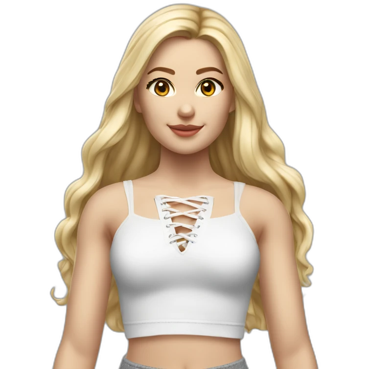hyperrealistic caucasian female, long straight blonde hair, white lace up crop top, grey mini skirt, body view emoji