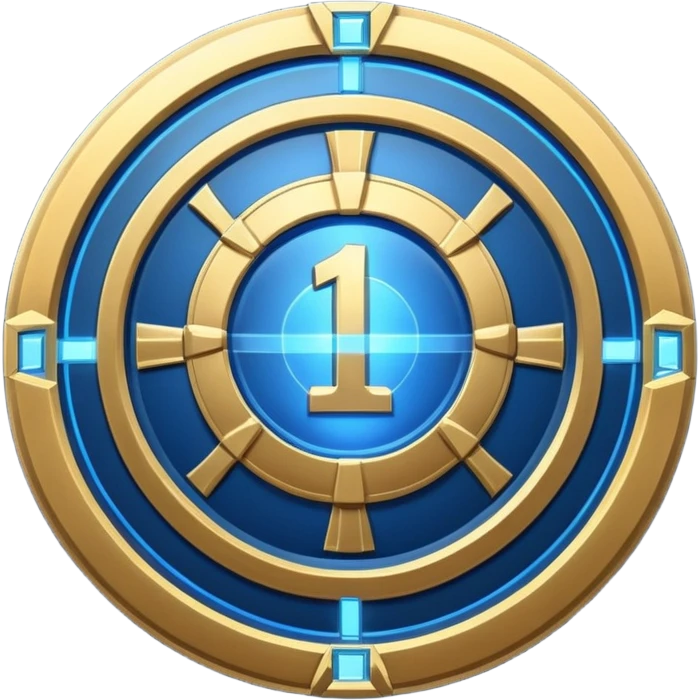 Futuristic achievement medal badge, circular shield emblem with engraved Roman numeral I and subtle “12M” detail, metallic gold and deep blue glow, sci-fi web3 game UI style, polished 3D game asset, soft energy aura, dark background, centered composition, high detail emoji