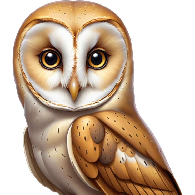 Cinematic Noble Barn Owl Portrait Emoji, Poised and regal, with a slender, graceful build and a striking mottled plumage of whites and browns, deep-set soulful amber eyes, Simplified yet sharp and sophisticated features, highly detailed, glowing with a soft, dignified glow, high shine, intelligent and mysterious, stylized with an air of nocturnal wisdom, focused and attentive, soft glowing outline, capturing the essence of a watchful and confident fowl, so majestic it feels as though it could silently glide out of the screen with effortless authority! emoji