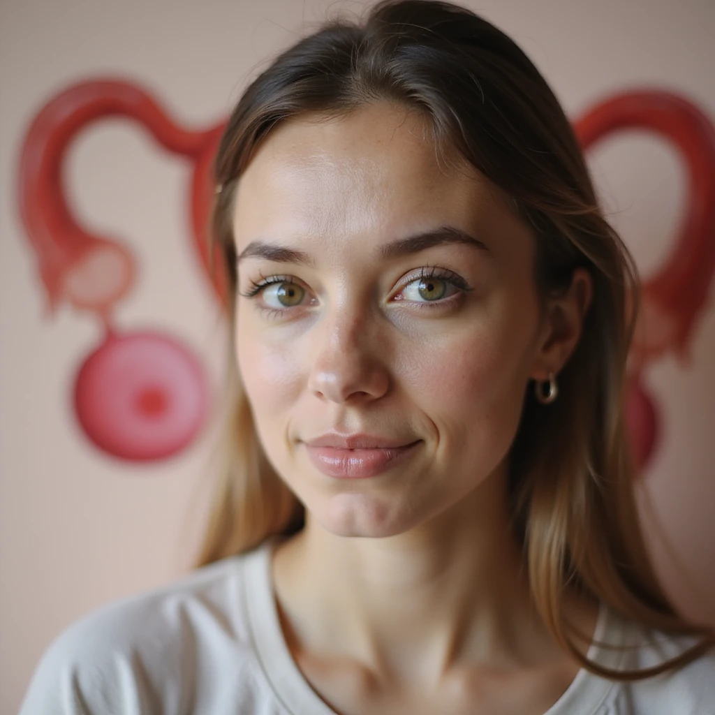 close-up of a woman with PCOS, background with stylized illustration of ovaries with large, bright oocytes, positive atmosphere, light colors, realistic photography or medical art emoji