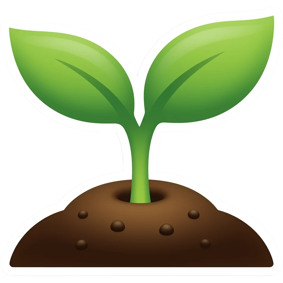 Simple and minimalistic sticker of a sprout growing out of soil, white outline, smooth gradients or solid colours emoji