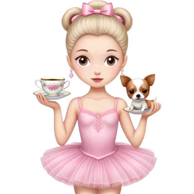 Una bailarina con ropa rosada y con tutu y con cabeza de raza de té emoji