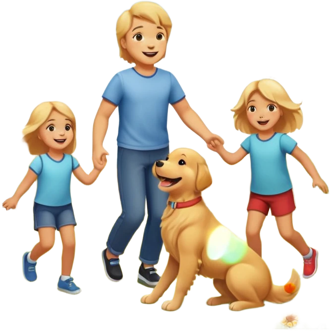 A Golden Retriever playing with children in a park, joyful interaction, warm sunlight, natural smiles, photorealistic family scene. emoji