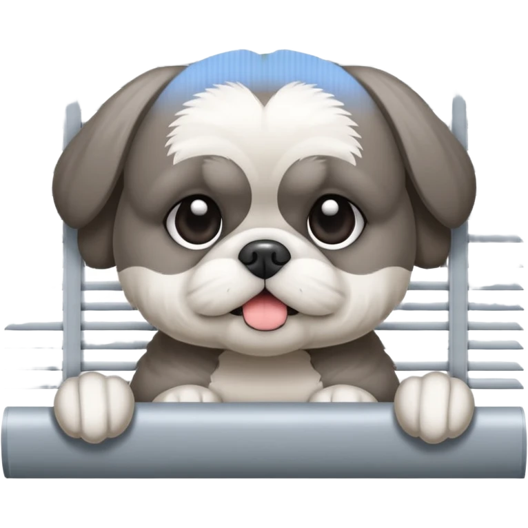 cute all grey shih tzuh behind window blinds pulling them open with one paw and PEEKING through the slit between the blinds emoji