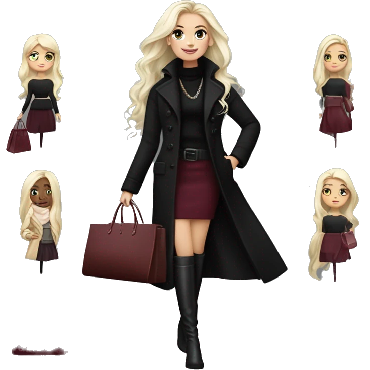 Platinum blonde girl with long hair, made up, wears very long black coat, black knee high boots. Burgundy coloured skirt & black sweater. Burgundy coloured small oval pocket in the left hand & in the right hand shopping bags. Wears a lot of jewellery. emoji