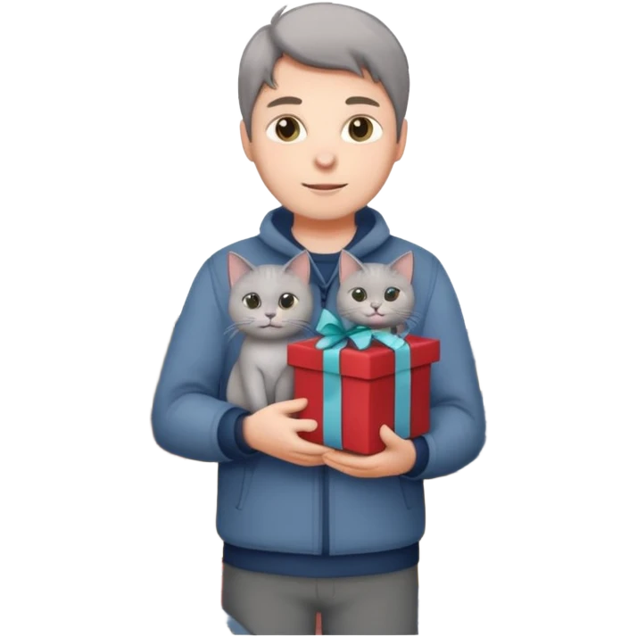 man houd kat vast en staat op dak met cadau`s emoji