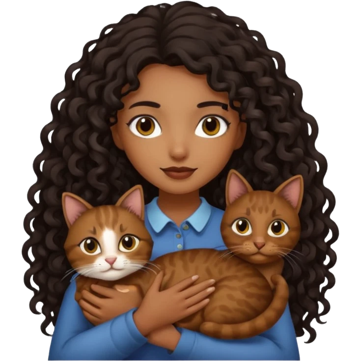 Brown skinned girl with long curly black hair holding brown cat  emoji