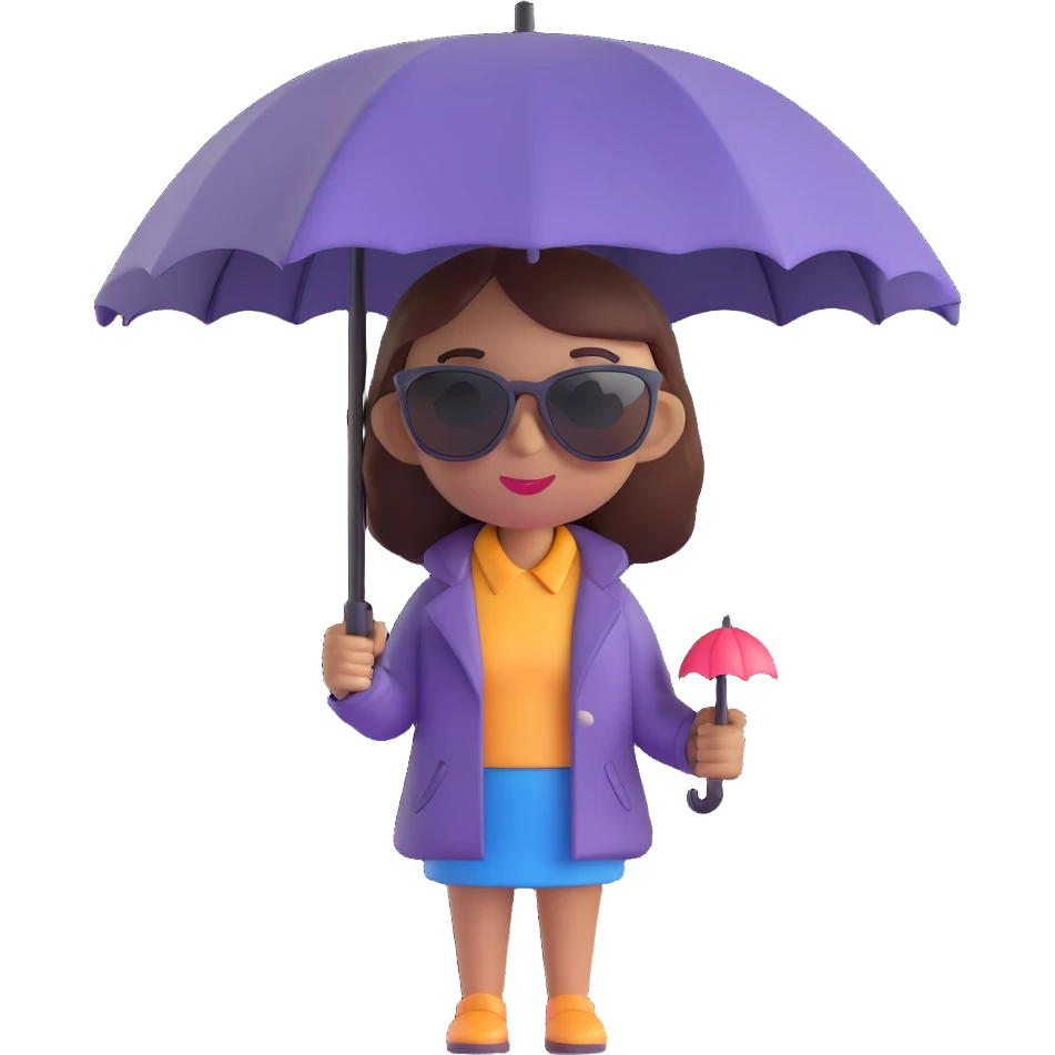 Remove the background, keep only the girl memoji with dark sunglasses holding an umbrella in 3D cartoon style, transparent background. emoji