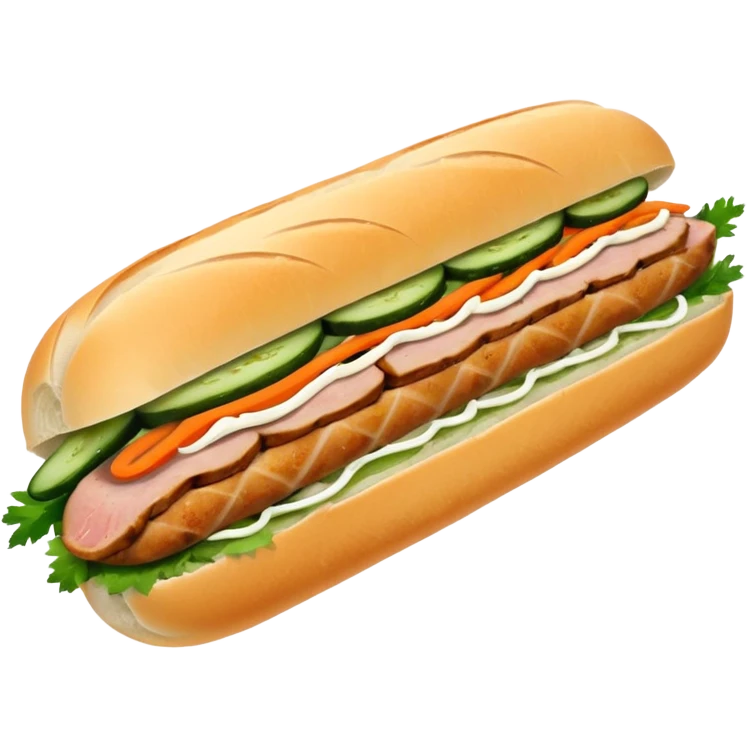 traditional banh mi with char grilled pork emoji 


    Very crusty baguette

    Mayo 

    Pickled carrot 

    Cucumber, coriander/cilantro, green onion, chilli 
 emoji